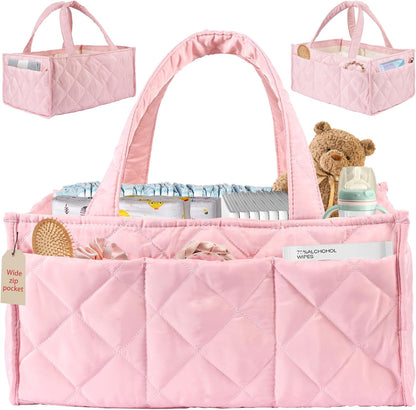 Baby Diaper Caddy Organiser with Zipper Pockets & Removable Dividers Soft Quilted Polyester & Silk Floss Nursery Storage Basket for Nappies, Wipes & Newborn Essentials, Baby Shower Gifts (Pink)