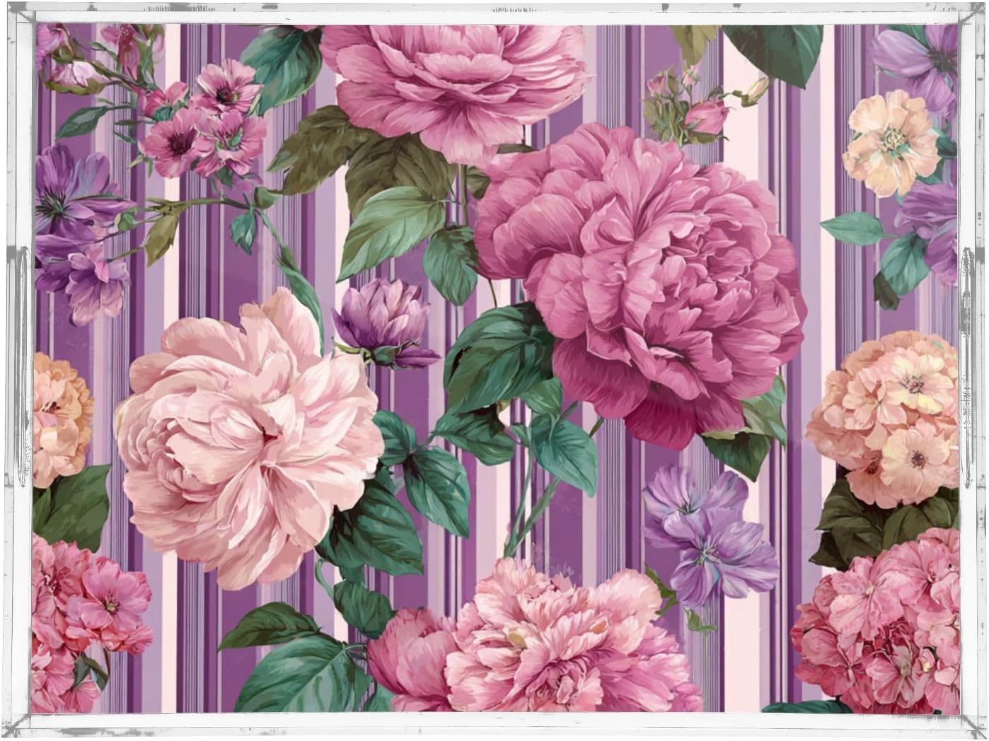 Romantic Retro Pink Striped Roses 15.7 x 11.8 in Acrylic Serving Decorative Tray with Handles 1 Pcs Large Plastic Food Snack Trays Coffee Table Tray for Kitchen Bed Bathroom Breakfast Eating