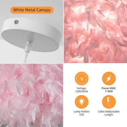 NZV Pink Feather Pendant Lights for Bedroom Romantic Feathers Light Fixture Pink Chandelier Girls Room Modern Hanging Ceiling Lighting for Dining Room Kitchen Island Foyer Hallway (Diameter 11.8in)