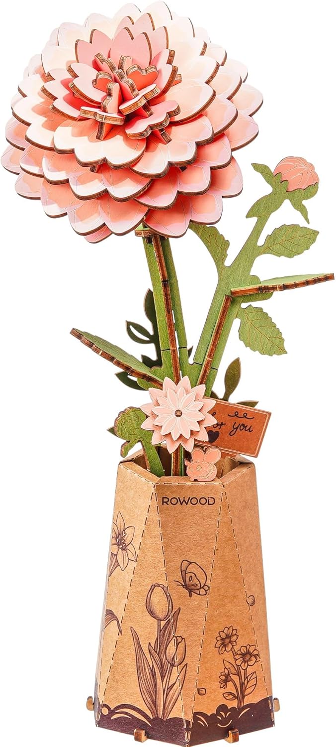 Rowood 3D Puzzle,Mother's Day DIY Wooden Flower Building Craft Kits for Adults,Botannical Collection Home Decor,Christmas/Birthday/Teacher's Day/Valentine's Day Gift- Pink Dahlia
