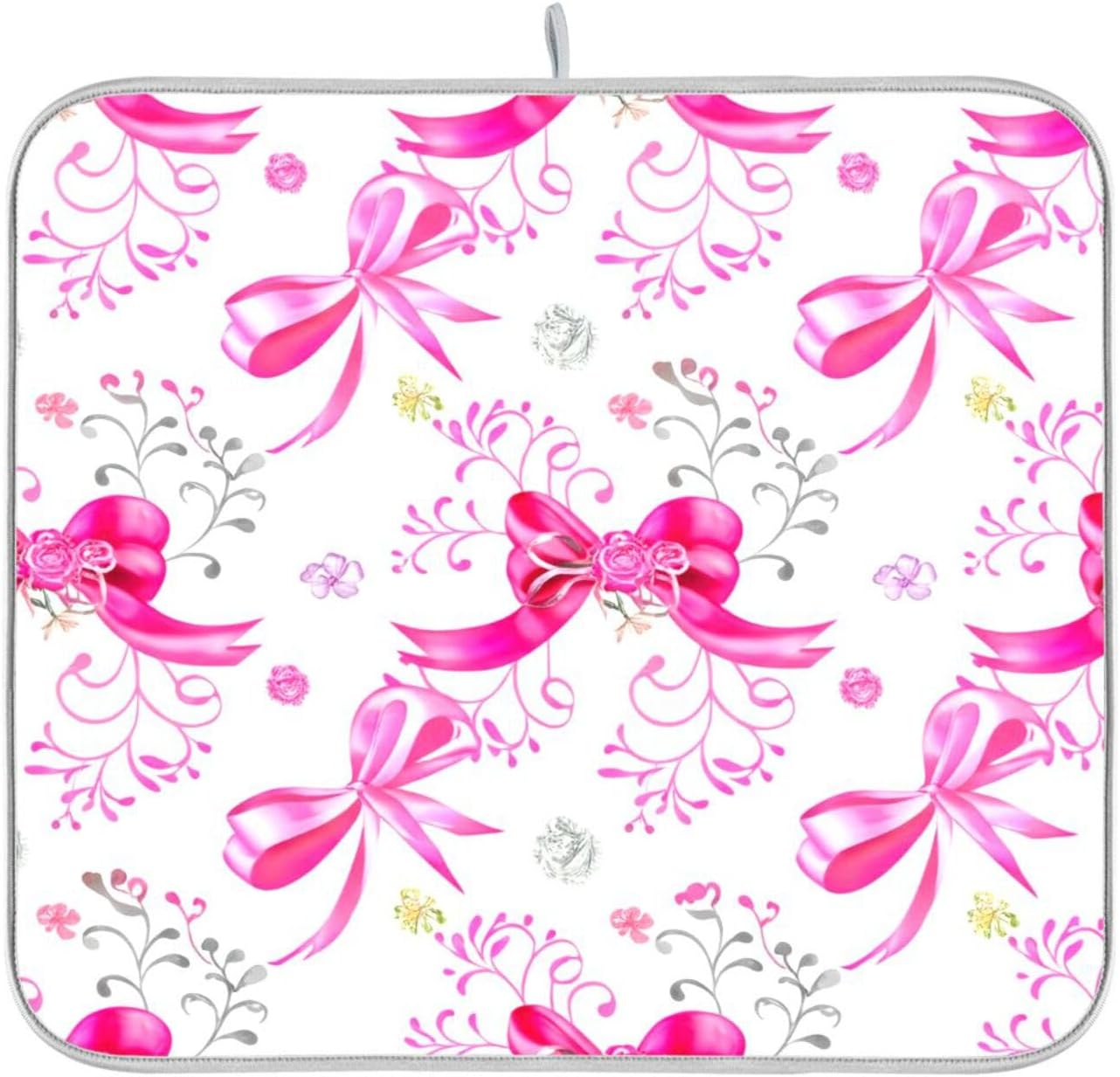 Qilmy Pink Silver Ribbons Bow Dish Drying Mat Absorbent Reversible Dish Drainer Pad Tableware Mat for Kitchen Counter Home Decoration, 16 x 18 Inch