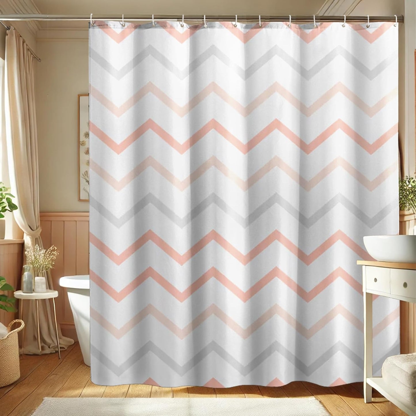 Shower Curtain, Blush Peach Gray Stripe Shower Curtain for Bathroom Decor, Modern Minimalistic Spring Summer Waterproof Fabric Shower Curtain Set with Hooks 72x72 Inch
