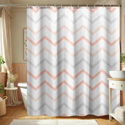 Shower Curtain, Blush Peach Gray Stripe Shower Curtain for Bathroom Decor, Modern Minimalistic Spring Summer Waterproof Fabric Shower Curtain Set with Hooks 72x72 Inch