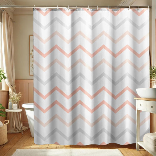 Shower Curtain, Blush Peach Gray Stripe Shower Curtain for Bathroom Decor, Modern Minimalistic Spring Summer Waterproof Fabric Shower Curtain Set with Hooks 72x72 Inch