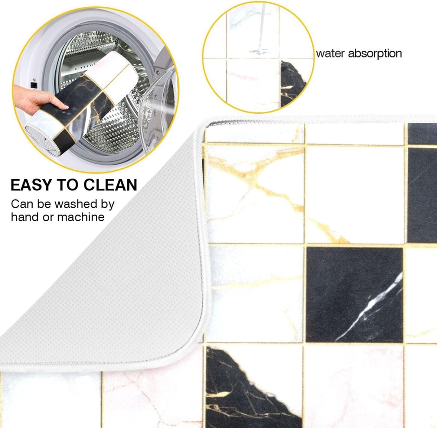 Black White Pink Checks Marble Absorbent Dish Drying Mat Microfiber Kitchen Countertop Table Protector Multipurpose Counter Rack Sink Drainer Pad(24" x 18")