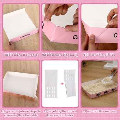 Amyhill 60 Pack Disposable Litter Boxes for Cats, 30 Foldable Travel Kitty Litter Boxes & 30 Scoops, Portable Waterproof Cardboard Cat Trays for Small Pets, 13.8 x 10 x 2inch Pink