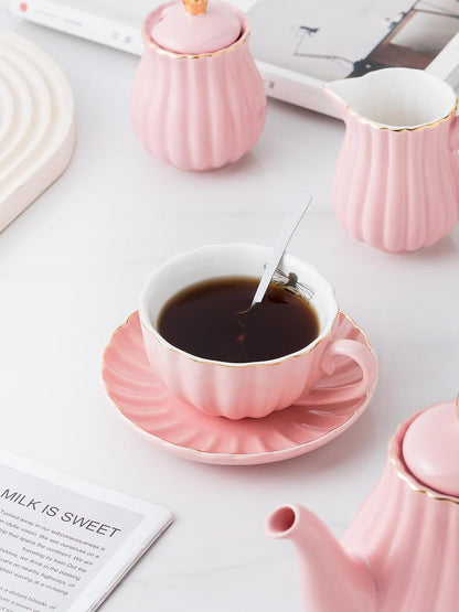 CLAY TONIC-- 8 OZ Fine China Purple Coffee Cup/Teacup Set, Cups & Saucer, with Teapot-Sugar Bowl-Cream Pitcher Teaspoons and tea strainer for Tea/Coffee,17-Pieces- Service for 4 (Pink)