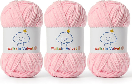 3 Pack Fluffy Chenille Yarn for Crocheting，Baby Yarn for Crocheting Soft，150g/5.28oz Velvet Amigurumi Yarn ，Fingering Weight Yarns for Crocheting Baby Blankets、DIY Craft.(3 Light Pink)