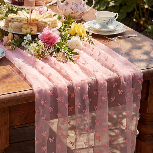 Remagr 9.8 ft Pink Bow Tulle Table Runner Embroidery Seasonal Table Decorations Tulle Fabric for Home Indoor Decor, Bridal Shower Wedding, Baby Shower Parties, Holiday DIY Craft Kitchen Decor