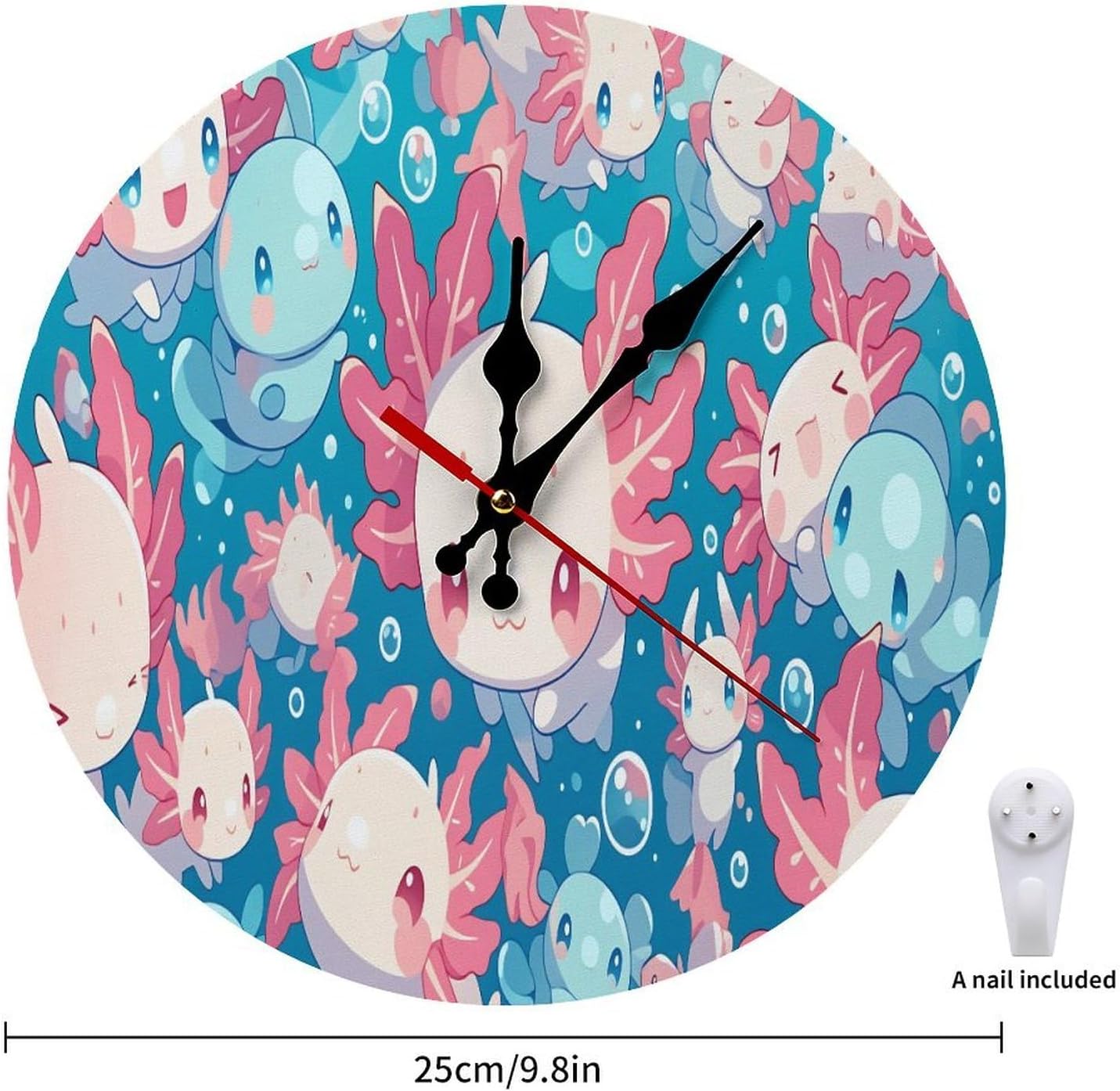 Cute Kawaii Sea Creatures Wall Clock with Pink Coral and Blue Fish Design Battery Operated Round Wooden Clocks Silent Non Ticking for Kids Room Or Nursery Decor 10 Inch