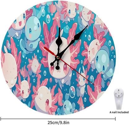 Cute Kawaii Sea Creatures Wall Clock with Pink Coral and Blue Fish Design Battery Operated Round Wooden Clocks Silent Non Ticking for Kids Room Or Nursery Decor 10 Inch