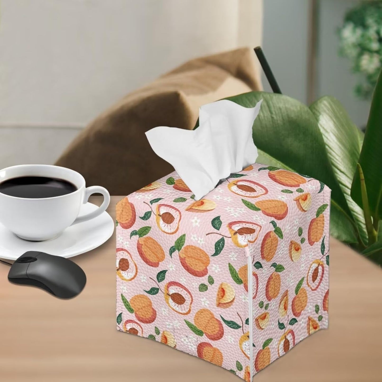 Pink Cute Peach Tissue Box Holder Modern Decorative PU Leather Square Tissue Box Cover for Home Office Tissue Cube Organizer for Dining Table Nightstand
