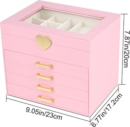 Kendal Jewelry Box, 5-Layer Jewelry Organizer Box with Glass Lid, Pink, Heart Shaped PU Leather, Storage Box for Necklace Earrings Rings Bracelets, Gift Idea for Girls LJC4DRPK