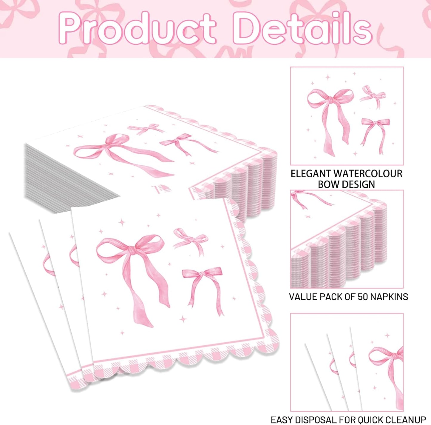 Pack of 50, Pink Ribbon Bow Napkins, Watercolor Bow Design Disposable Paper Napkins for Wedding, Birthday, Bachelorette, Baby Shower, Tea Party, Girls Coquette-Style Supplies, 13x13 Inches Unfolded