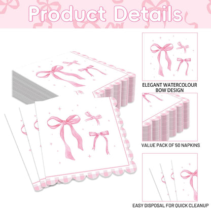 Pack of 50, Pink Ribbon Bow Napkins, Watercolor Bow Design Disposable Paper Napkins for Wedding, Birthday, Bachelorette, Baby Shower, Tea Party, Girls Coquette-Style Supplies, 13x13 Inches Unfolded