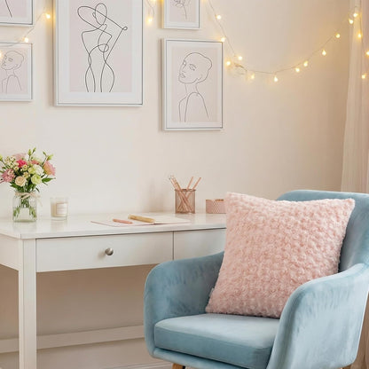 Peach Pink Square Throw Pillow with Insert – 18"x18" Decorative Cushion – 600g Faux Rabbit Fur + Plush 6D PP Cotton – Cozy & Elegant Accent for Bed, Sofa, Chair