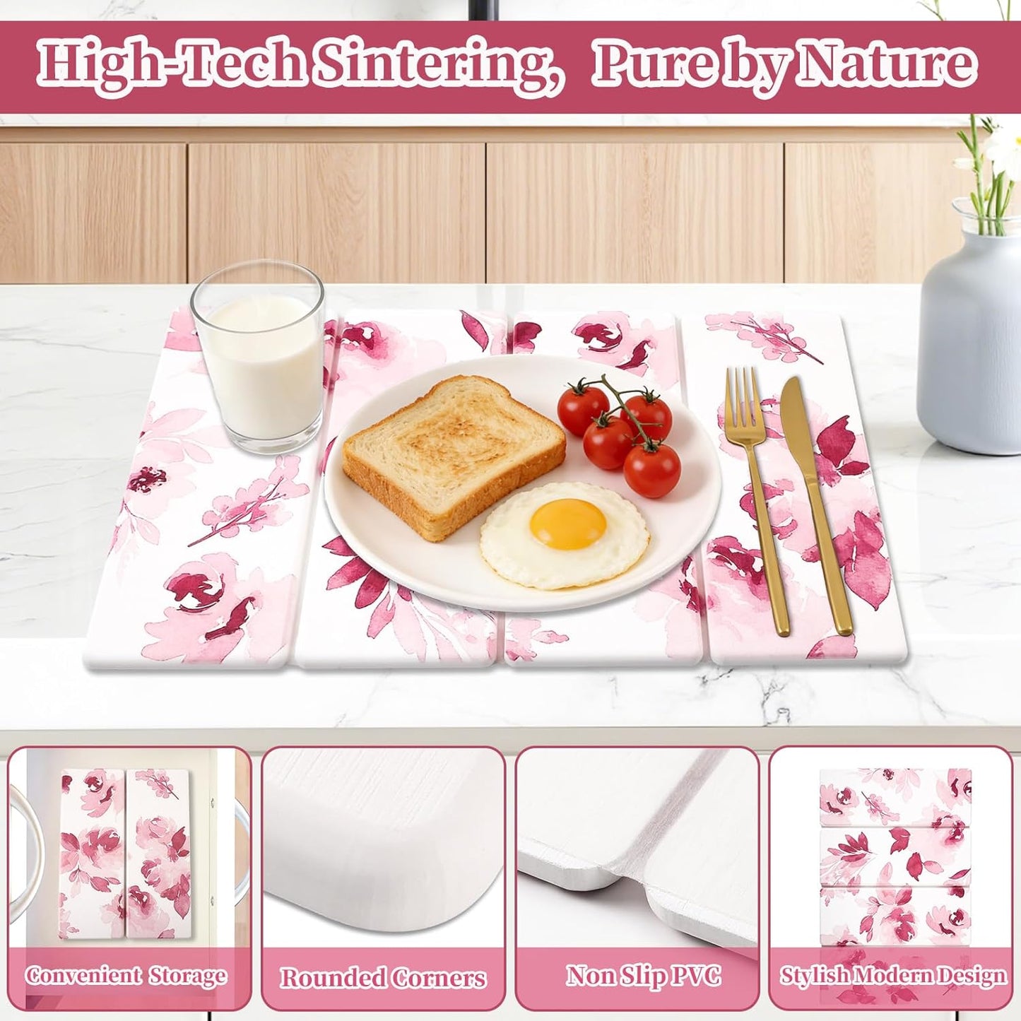 3 PCS Stone Dish Drying Mat for Kitchen Counter, Quick Dry Foldable Stone Dishes Mats, Water Absorbing Diatomaceous Earth Drying Organizer for Dishes Bottles, Cups and Tableware (Pink)