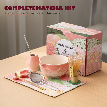 Matcha Tea Set, 8 Pcs Japanese Matcha Kit with Cherry Blossom and Wave Design Ceramic Bowl, Bamboo Whisk, Whisk Holder, Scoop, Sifter, Brush, Matcha Kit Set for Matcha Lovers (Pink Gradient)