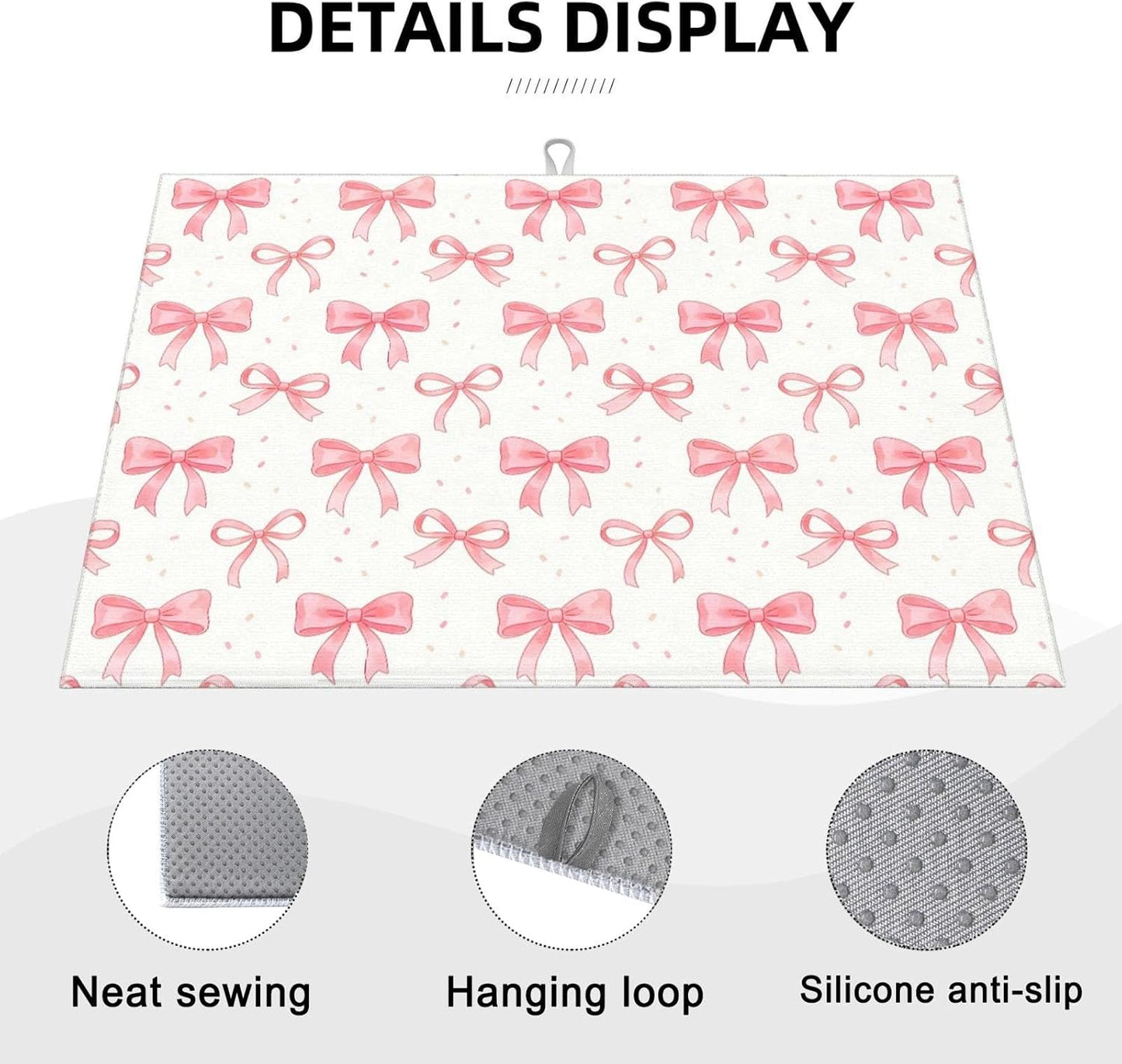 Bow Dish Drying Mat, for Kitchen Counter Microfiber Absorbent, Pink Cute Dish Draining Mat Extra Large 18"x24"