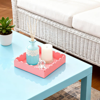 Acrylic Tray, Scalloped Glossy Pink Acrylic Decorative Tray for Home Decor, 8x8 Inch Acrylic Organizer Tray for Vanity Countertop Makeup Skincare Square Acrylic Storage Tray (Square Pink)