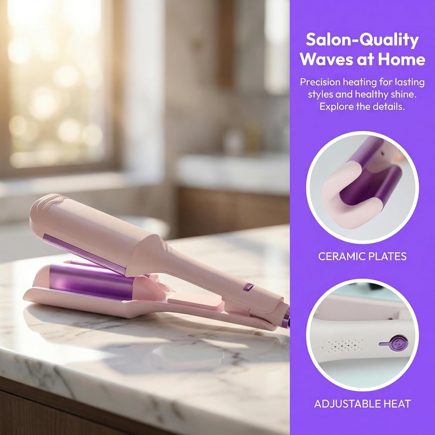 Hair Crimper for Women’s Beach Waves – Pink Deep Waver Curling Iron, 1.25-Inch Ionic Ceramic Hair Tool with Four Temperature Settings, Easy to Use for Long/Short Hair（Pink）