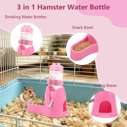 Litewoo 3 in 1 Hamster Water Bottle Small Animal Water Bottle with Food Container Base Hut Hanging Pet Automatic Feeding Drinking Dispenser for Dwarf Hamster Rats Mouse Gerbil Mice