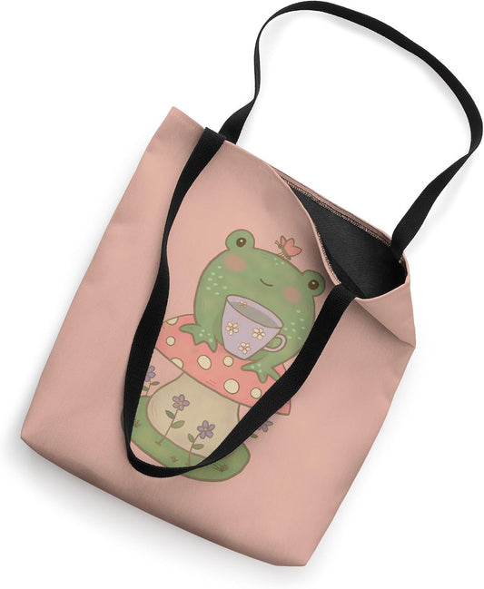 Cute Frog Tea Lover on Mushroom Cottagecore Farm Peach Pink Tote Bag