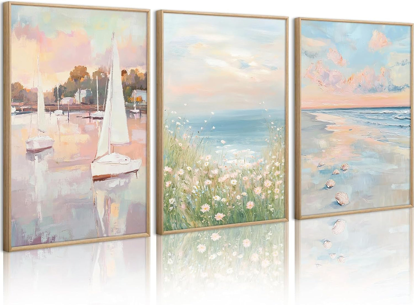 Pink Coastal Wall Art Coquette Beach Canvas Poster Summer Beachy Wall Decor Trendy Pastel Ocean Pictures Preppy Aesthetic Painting Wildflower Prints Sailboat Artwork for Bedroom 12x16 Inch Unframed