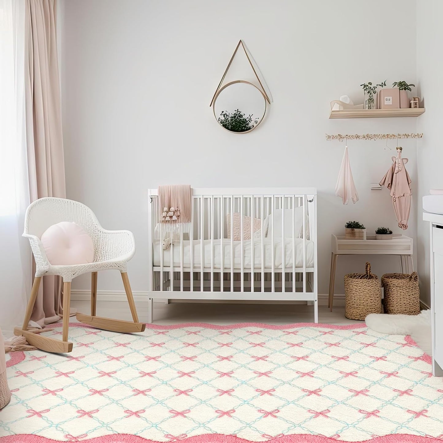 Drydiet Rug Boho Area Rugs 4'x6' Cute Sweet Scalloped Throw Rugs Aesthetic Soft Bedroom Carpet for Living Room Dining Playroom Nursery Family Indoor Dorm(Pink Bow)