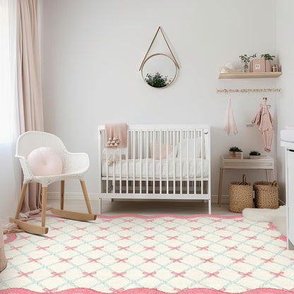 Drydiet Rug Boho Area Rugs 4'x6' Cute Sweet Scalloped Throw Rugs Aesthetic Soft Bedroom Carpet for Living Room Dining Playroom Nursery Family Indoor Dorm(Pink Bow)