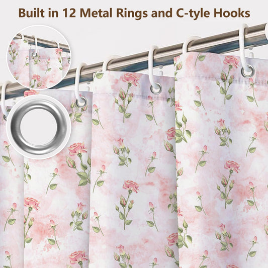 71"x74" Pink Rose Floral Shower Curtain with Hooks – Watercolor Flower Print Girls Shower Curtains for Shabby Chic Barthroom, Cottagecore Waterproof Fabric Bath Tub Curtain