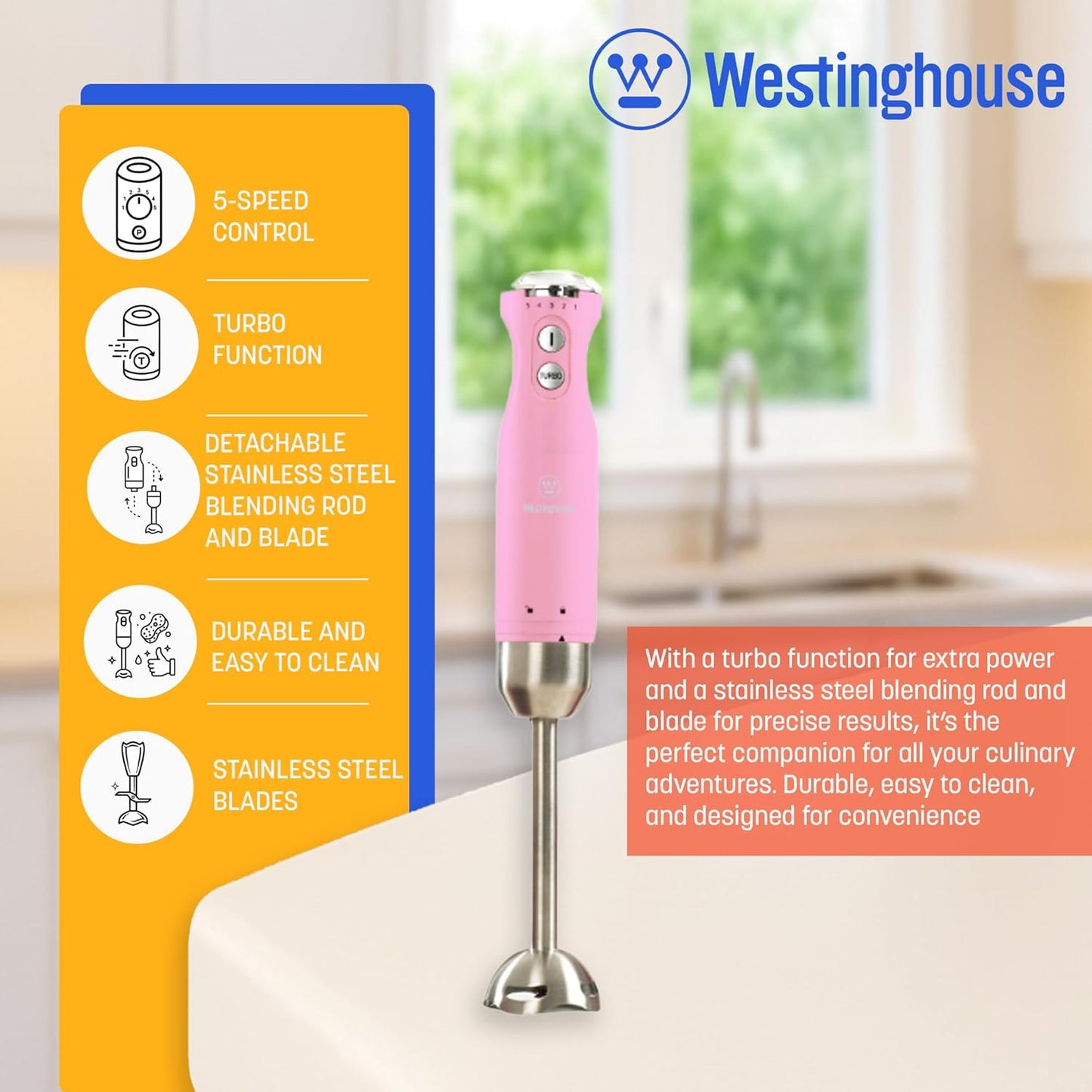 Westinghouse Hand Blender - 5-Speed Immersion Blender with Turbo Function, Stainless Steel Blades & Rod, 500W Power, Detachable Easy Clean Design, Best for Smoothies & Soups - Retro Appliance, Pink