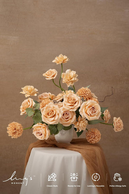 Ling's moment Artificial Flowers Fake Silk Roses Faux Dahlia Foam Gardenia Combo for DIY Wedding Bouquets Centerpieces Arrangements Bridal Shower Party Home Decorations, Apricot & Peach, 24pcs