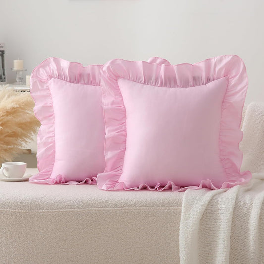 2 Pack Pink Ruffle Throw Pillow Covers 18x18 inches, 100% Cotton French Country Rustic Vintage Decorative Bed Pillow Shams (Pink, 18x18 inches)