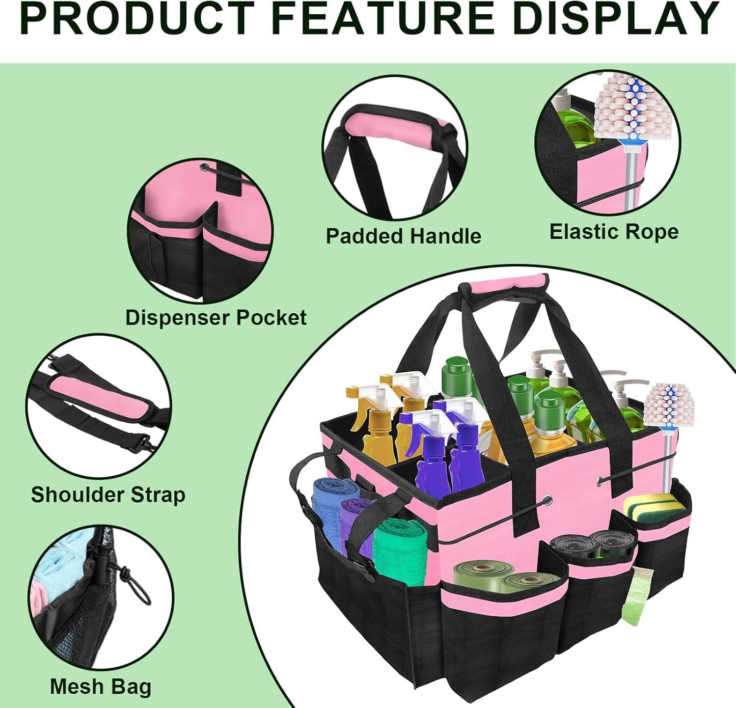 Large Cleaning Caddy Bag – Cleaning Supply Organizer Bag with Handle & Adjustable Shoulder Strap for Housekeepers, Professional Home, Apartment & Office Cleaning, Soft Portable Tote (Pink)