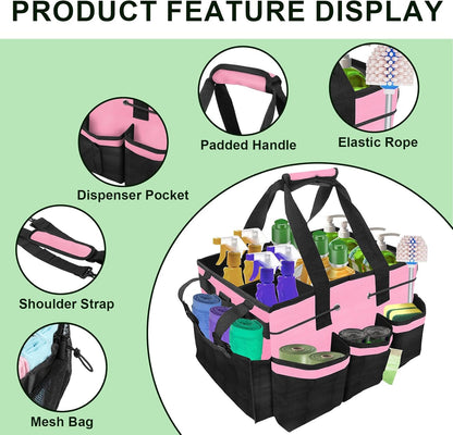 Large Cleaning Caddy Bag – Cleaning Supply Organizer Bag with Handle & Adjustable Shoulder Strap for Housekeepers, Professional Home, Apartment & Office Cleaning, Soft Portable Tote (Pink)