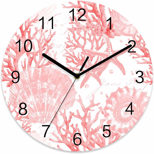 Pink Coral Wall Clock Battery Operated Non-Ticking 12" Round Wood Clocks, Shell Starfish Marine Art Watercolor Kitchen Wall Clock for School Bathroom Living Room Home Office Wall Decor