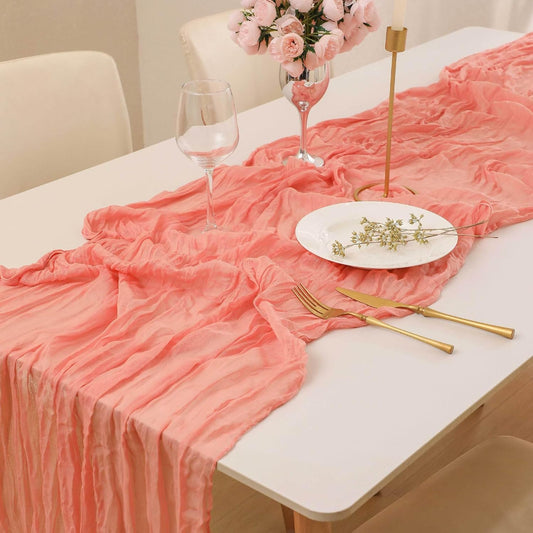 Cheesecloth Table Runner 120-Inch Long - Boho Rustic Gauze Table Runner for Wedding Reception, Bridal Shower, Birthday Party and Farmhouse Decor Spring, Easter and Holidays (Peach)