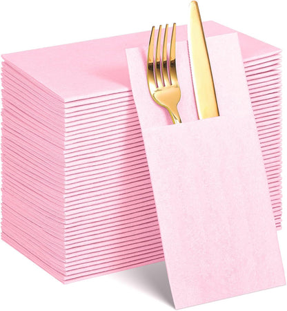 60 Pcs Pink Linen-Feel Paper Napkins with Built-in Flatware Pocket, Pocket Linen Napkin Prefolded Cloth Like Paper Napkins Bulk for Girls Birthday Baby Bridal Shower Tea Party Wedding