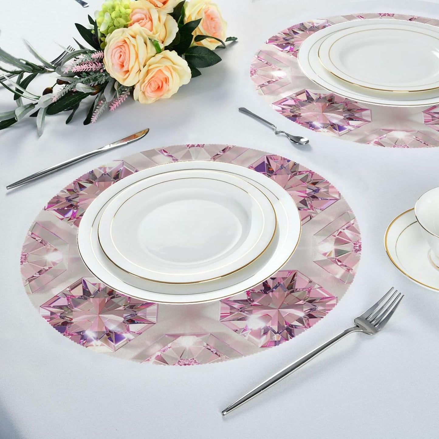 Fake Luxury Peach Transparent Crystal Pattern Round Placement Vinyl Reversible placemats manteles para mesa de comedor 15.4x15.4in Set of 6