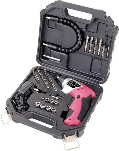 Apollo Tools Lightweight Cordless Screwdriver Set Includes Rechargeable 3.6 Volt Li-ion Screwdriver and 45 Piece Accessory Set in Black Carrying Case- Pink Ribbon- Pink - DT4944P