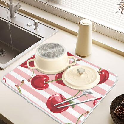 Pink Striped with Cherries Dish Drying Mat Dishes Pad Absorbent Fast Dry Dish Drainer Mat Protector for Kitchen Counter 18x14 Inches