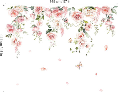 decalmile Large Pink Flower Wall Decals Hanging Vine Floral Wall Stickers Baby Nursery Girls Bedroom Living Room Wall Decor