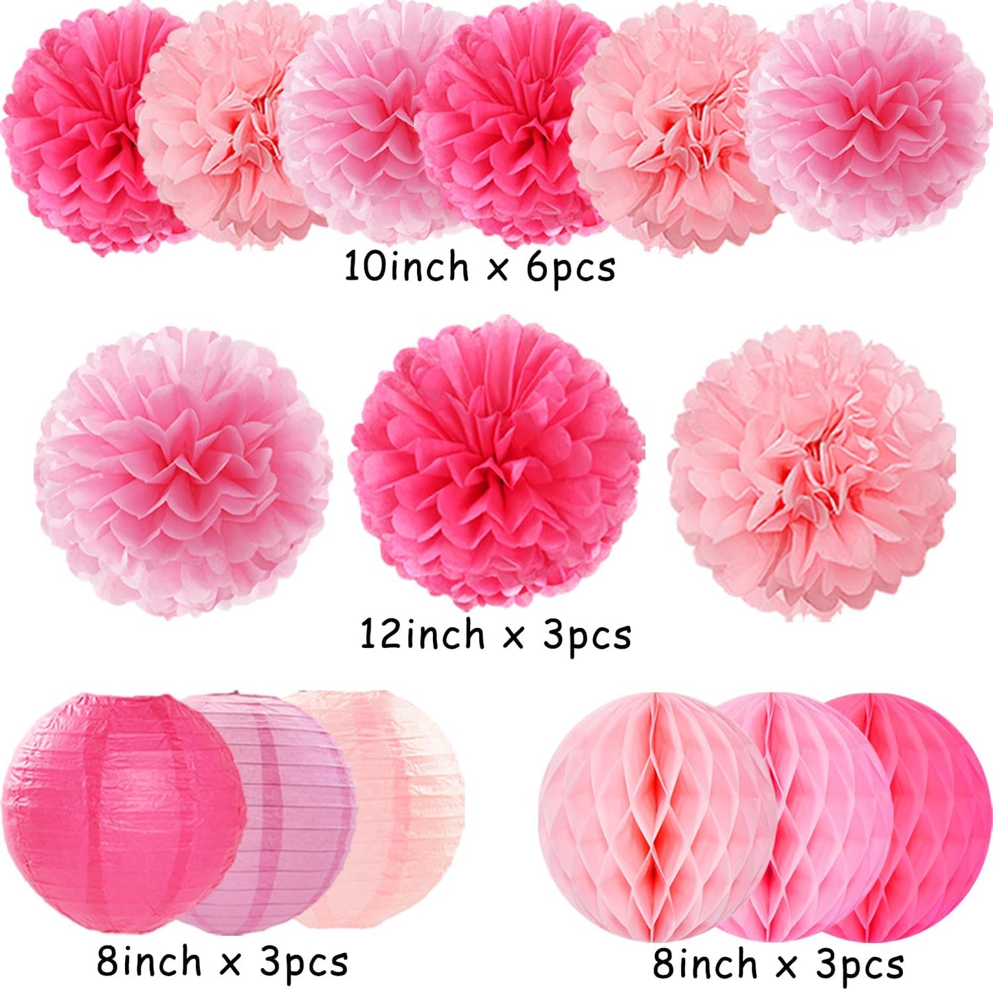 Hot Pink Paper Flowers Tissue Pom Poms Honeycomb Lanterns 15pcs Party Decorations for Birthday Bachelorette Women Girls Night Baby Shower Bridal Wedding Valentine Hanging Supplies Mprocherify