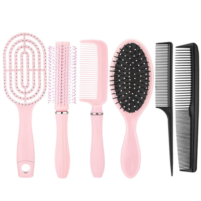 6 Pieces Detangling Styling Comb Set for Women and Men - Hair Brush for Straight, Curly, and All Hair Types(Pink)