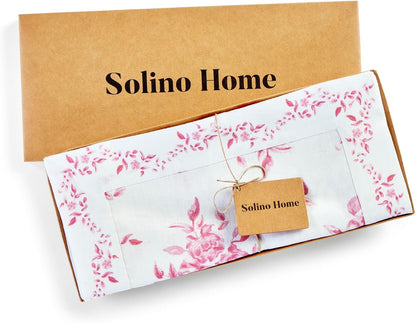 Solino Home Pink Floral Print Table Runner 72 Inches Long - 100% Pure Linen Table Runner 14 x 72 Inch for Spring, Summer - Handcrafted and Machine Washable - Jolie Fleur Print