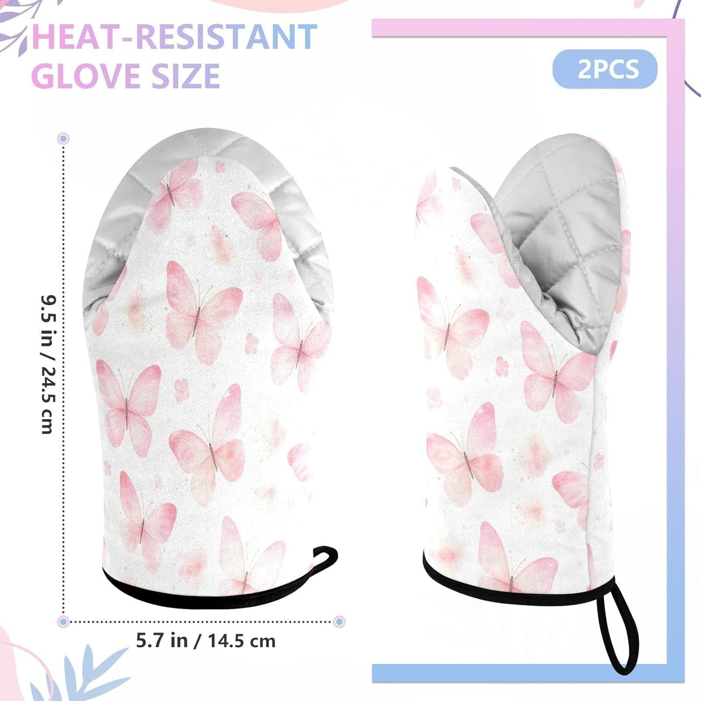 Watercolor Butterflies Pink Non-Slip Oven Mitts Set Heat Resistant Kitchen Gloves with Quilted Liner Cotton Machine Washable with Hanging Loop for Baking Grilling BBQ