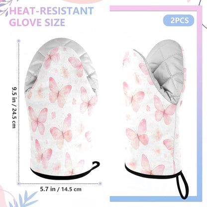 Watercolor Butterflies Pink Non-Slip Oven Mitts Set Heat Resistant Kitchen Gloves with Quilted Liner Cotton Machine Washable with Hanging Loop for Baking Grilling BBQ