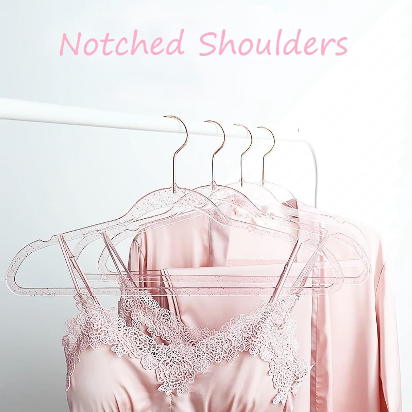 Pink Clothes Hangers 16", 20 Pack Plastic Clear Coat Hanger for Adult Closet, Durable Bling Ganchos de Ropa with Swivel Hook, Notched Shoulders & Ultra-Thin Space Saving Laundry Hanger for Dress Suits