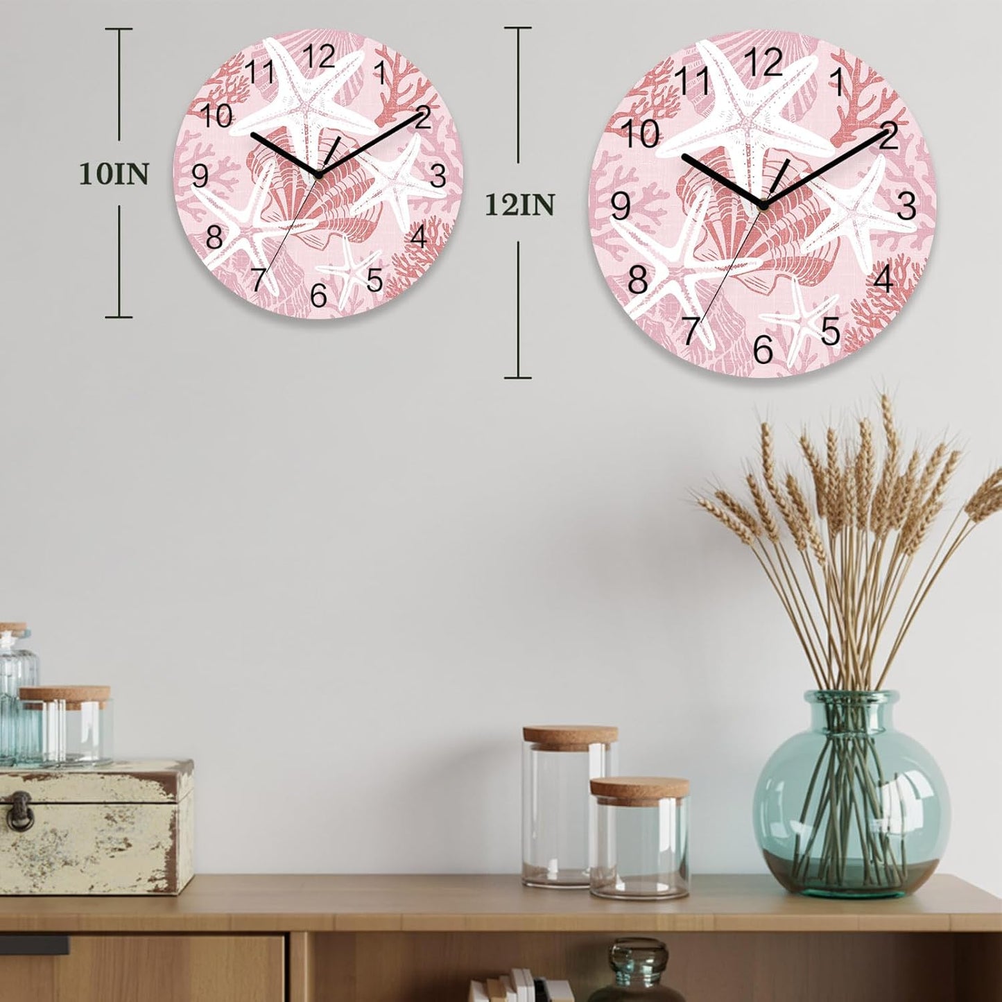 Starfish Wall Clock Battery Operated Non-Ticking 10" Round Wood Clocks, Coastal Starfish Sea Snail Coral Plaid Pink Kitchen Wall Clock for School Bathroom Living Room Home Office Wall Decor